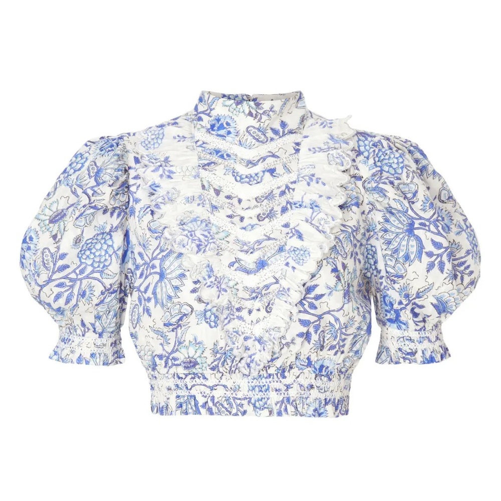 HEMANT & NANDITA Blue and White Floral Ruffled Puff-Sleeve Blouse